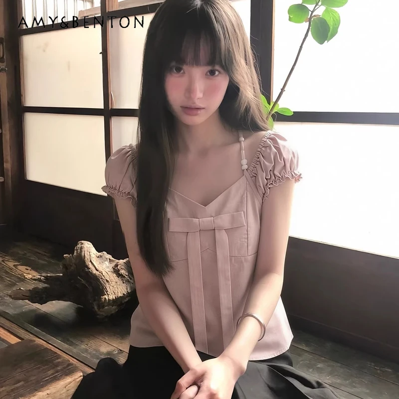 

2026 Summer New Purple Women's Short-sleeved Shirt Cute Bow V-neck Slimming Thin Versatile Age-reducing Halter Shirts Ladies