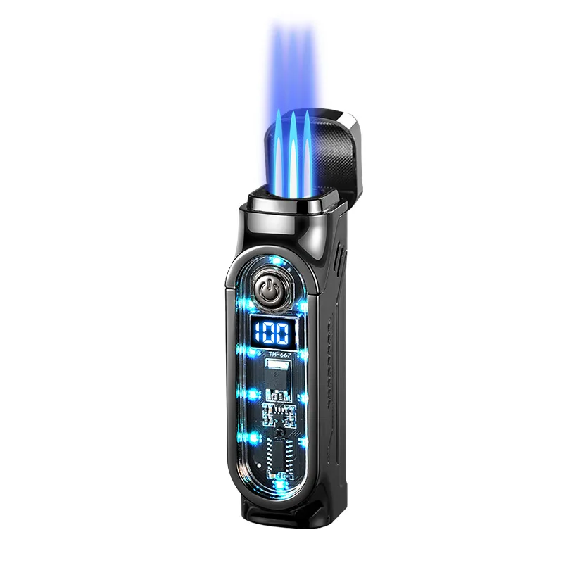 Smart 3 Flame Gas Cigar Lighter, Digital Display, with Cigar Drill, LED Light, Portable Multi-functional Ignition Lighter view 5