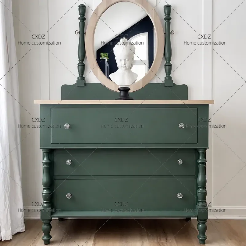 Retro Green Solid Wood Chest Dresser with Mirror Nordic Style Bedroom Makeup Table Simple Light Luxury Customizable Furniture