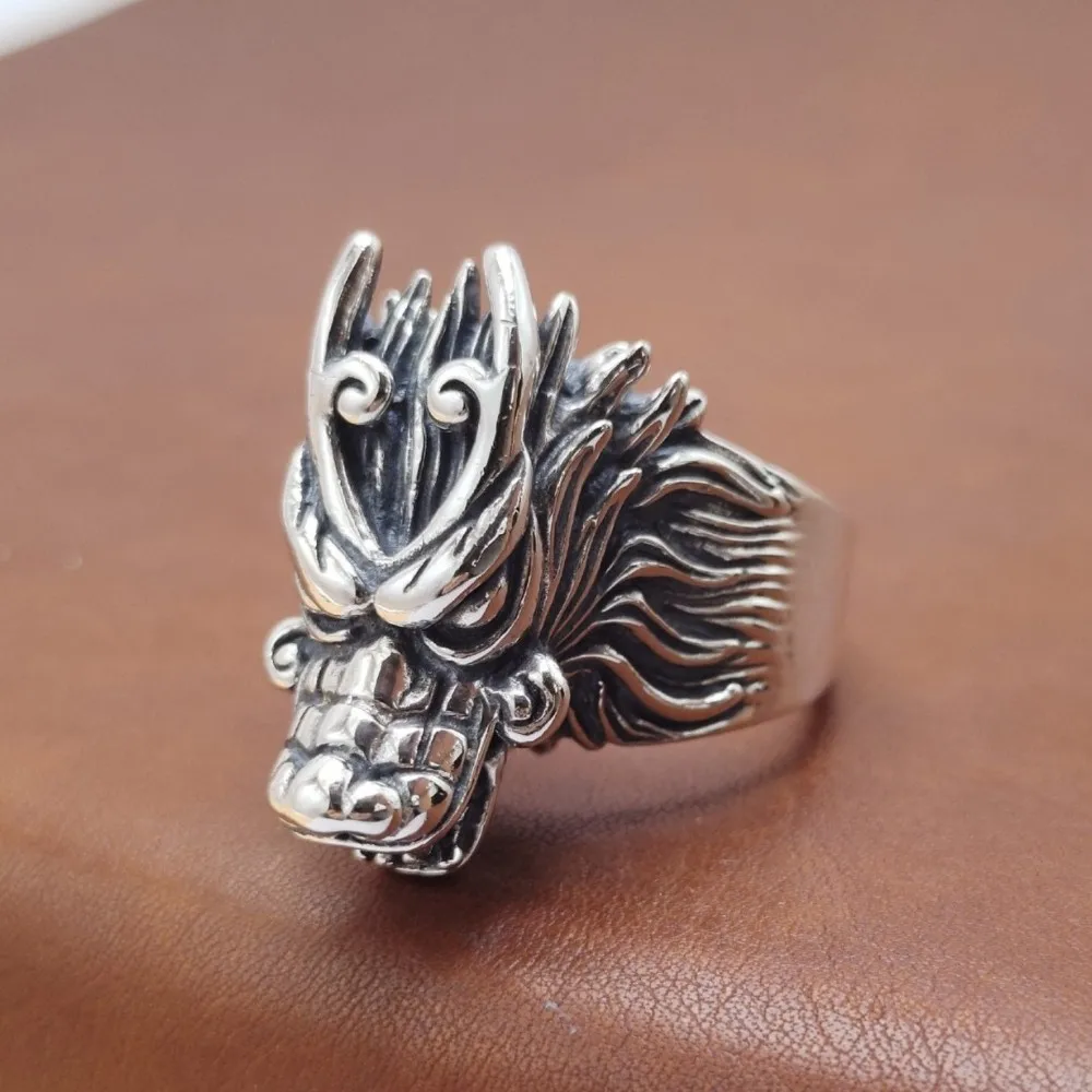 

Real Solid 925 Sterling Silver Band Men Best Gift Unique Lucky Carved Dragon Ring 17.7g