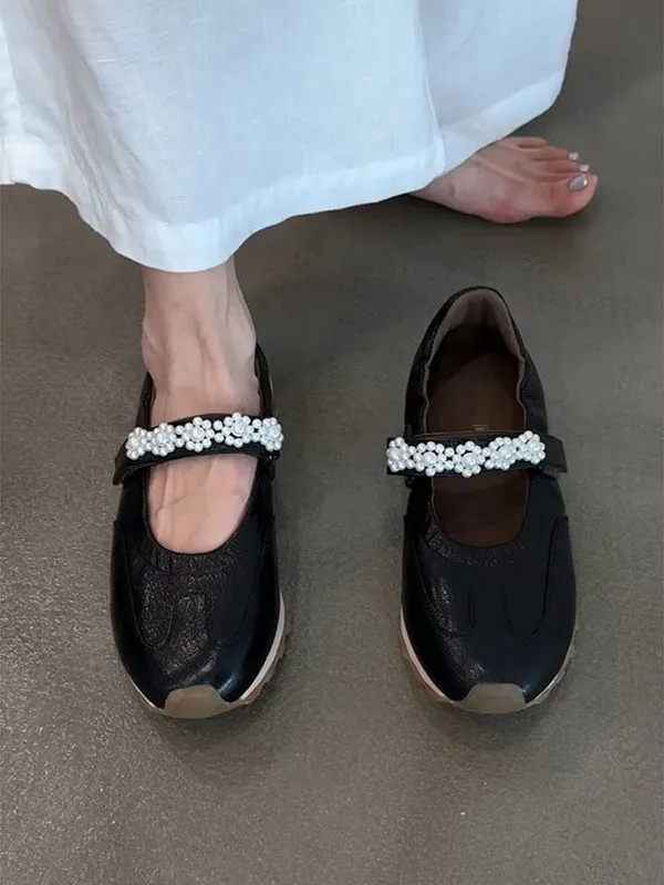 

Casual Pearl Chain Thick Bottom Mary Jane Shoes Women's 2025 New Versatile Leather Upgraded Flat Mouth German Training Shoes