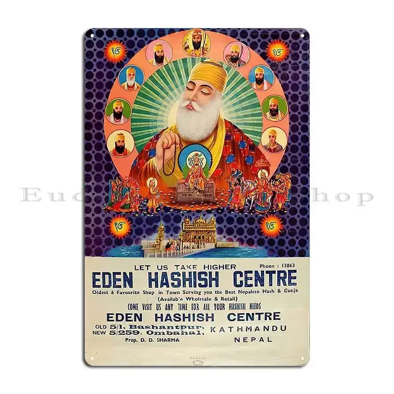 Rare Vintage Illustrated Psychedelic Poster From Nepal Eden Hashish Centre Guru Nanak Metal Sign Sign Tin Sign Poster