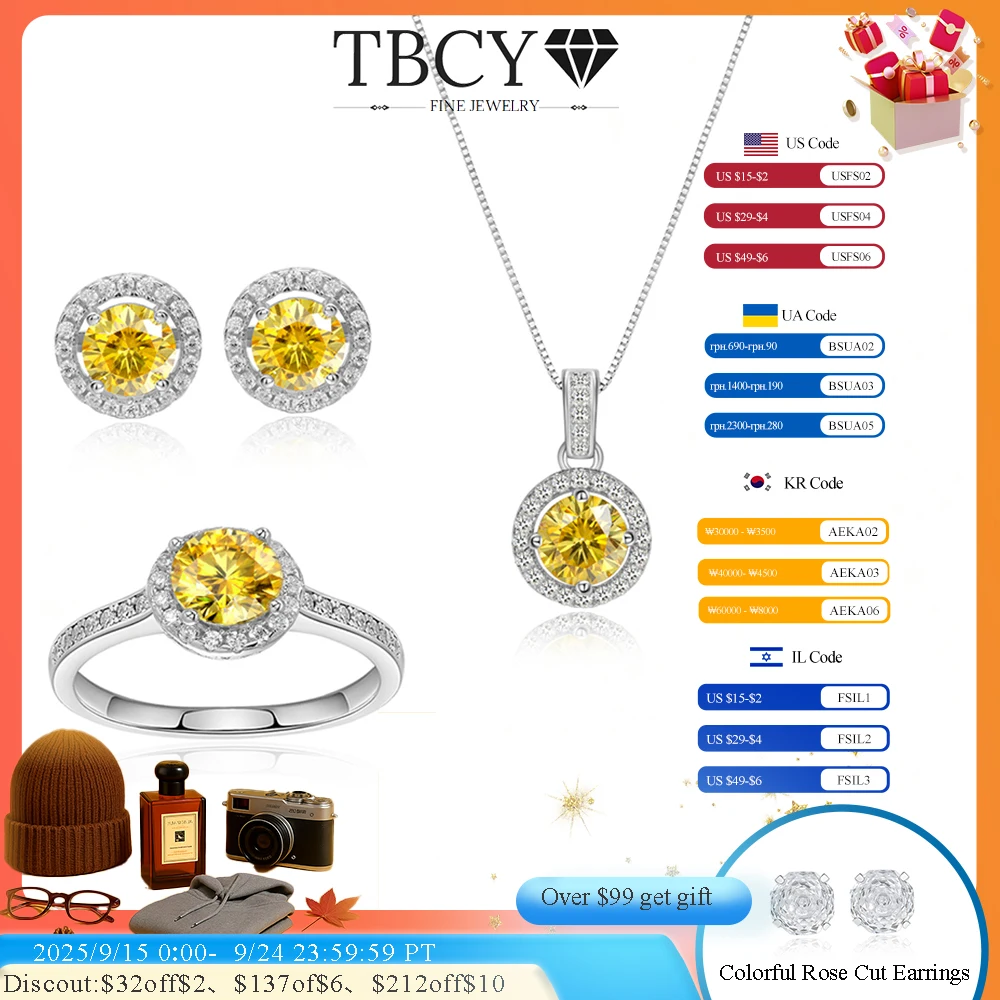 

TBCYD Роскошные желтые муассанитовые наборы 1-5 карат для женщин, серьги из стерлингового серебра 925 пробы, кольцо, ожерелье, круглый комплект с ореолом, вечерние украшения