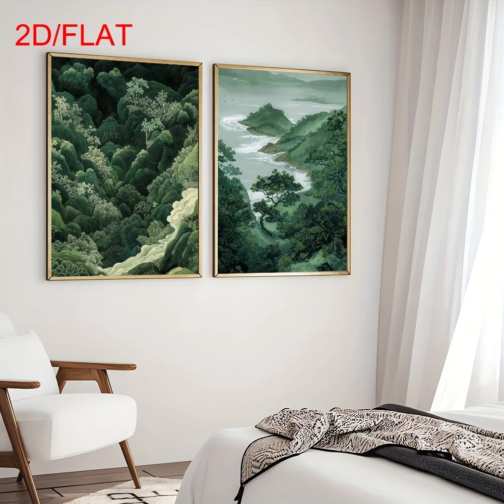 Conjunto de 2 Quadros Modernos em Tela de Montanha Verde, Arte de Parede Minimalista Wabi-Sabi Japonesa sem Moldura para Decoração de Sala de Estar