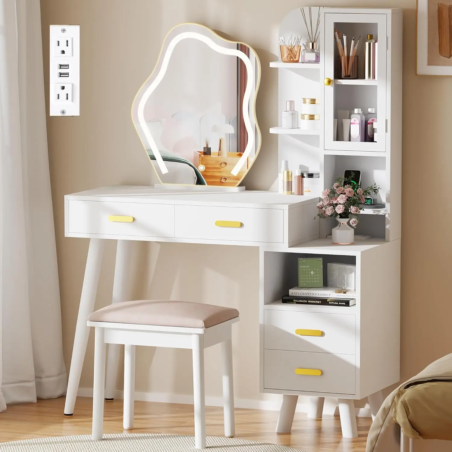 White Vanity with Lighted Mirror Vanity Desk with Mirror and Lights Girls Vanity with Power Outlet Stool Drawers ShelvesCharging