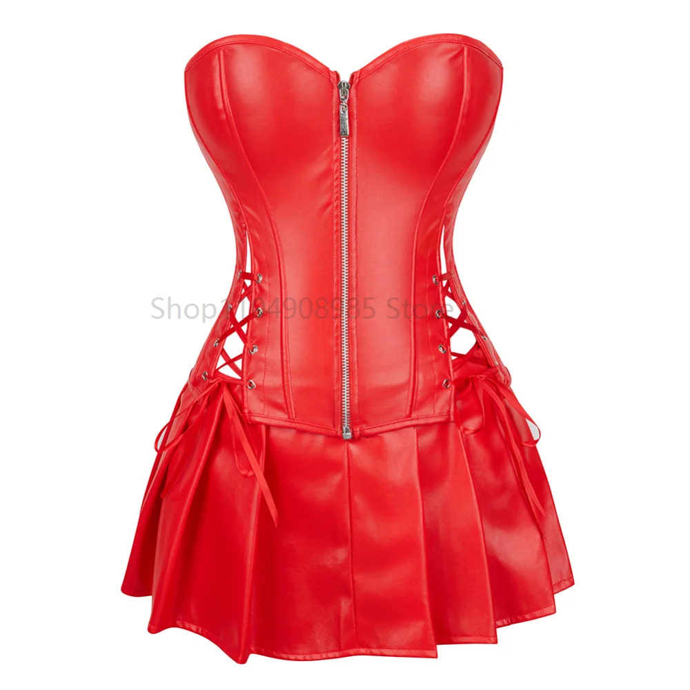 

Women Steampunk Corset Dress Set Black Red Faux Leather Front Zip Overbust Bustier Top With Mini Skirt Plus Size