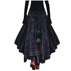 Fashion Women Loose Plaid Print Fringe Irregular Waiste Skirt Skirts Womens Asymmetrical Long Skirts Womens Maxi Skirt Faldas