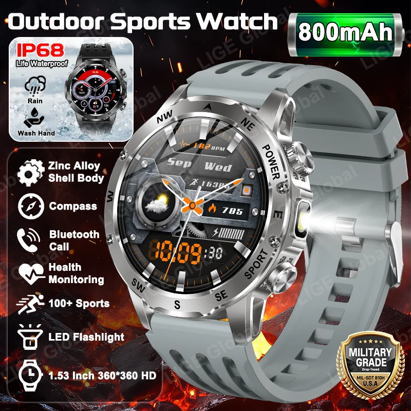 

LIGE New Military 800mAh Large Battery Smart Watch Men IP68 Compass LED Flashlight Heart Rate Sports Tracker BT Call Smartwatch