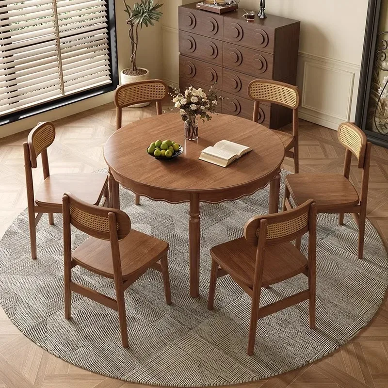 

Medieval solid wood dining table French retro household small apartment round black American round dining and