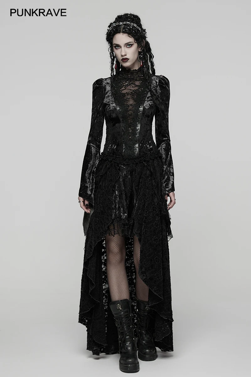 PUNK RAVE Women's Gothic Beauty 3D Lace High-low Design Tie-dyed Velvet Skirt Sexy Pleated Half Skirts Two Colors Women Clothing