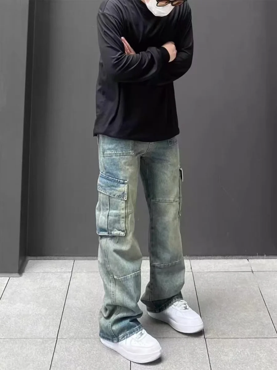 

Retro American High Street Men's Jeans Workwear Waed Straight Leg Wide Leg Pants Autumn Multiple kets Loose Fit Long Tro...