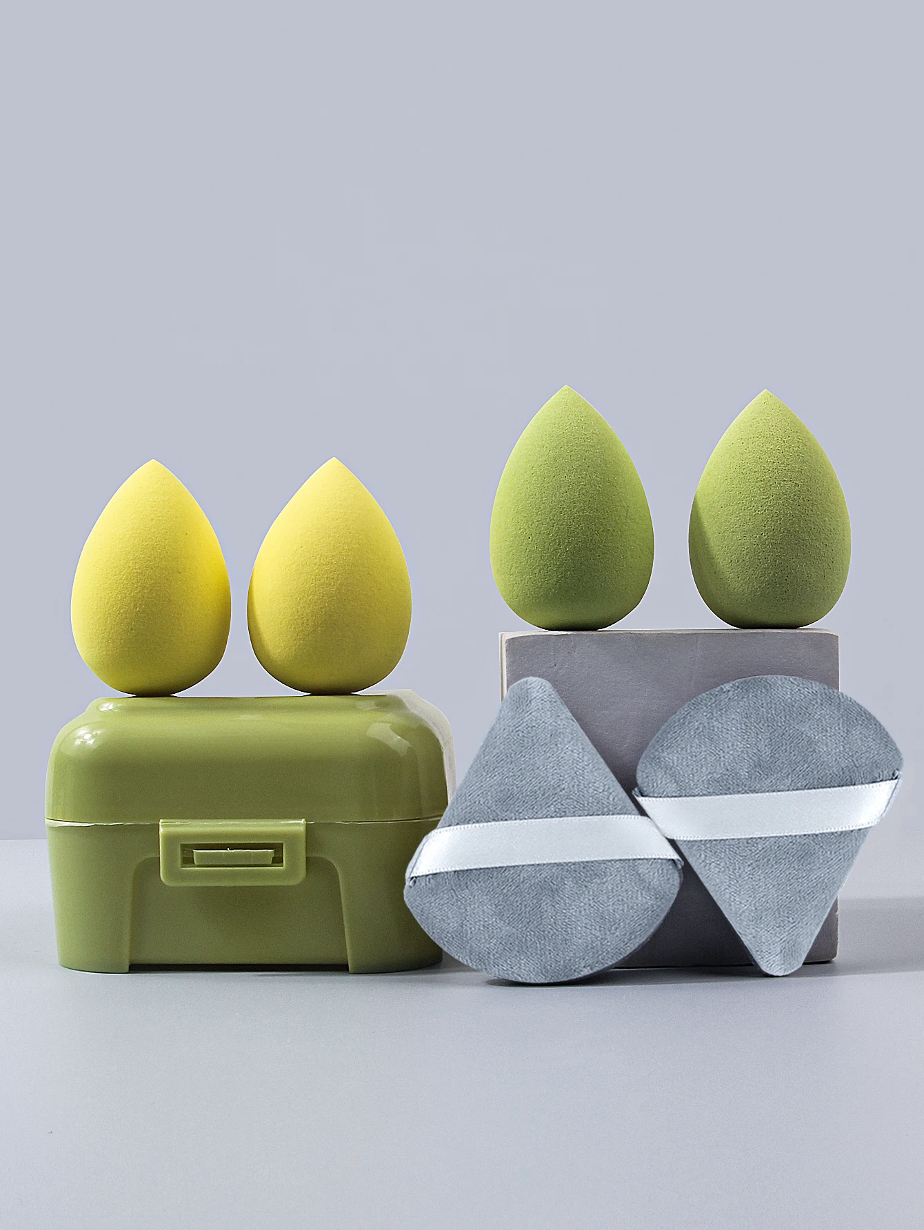 6 قطعة إسفنجة مكياج جافة ورطبة مزدوجة الأغراض غير لاصقة للبيض/نفخة مسحوق مثلثة + 1 قطعة صندوق تخزين محمول