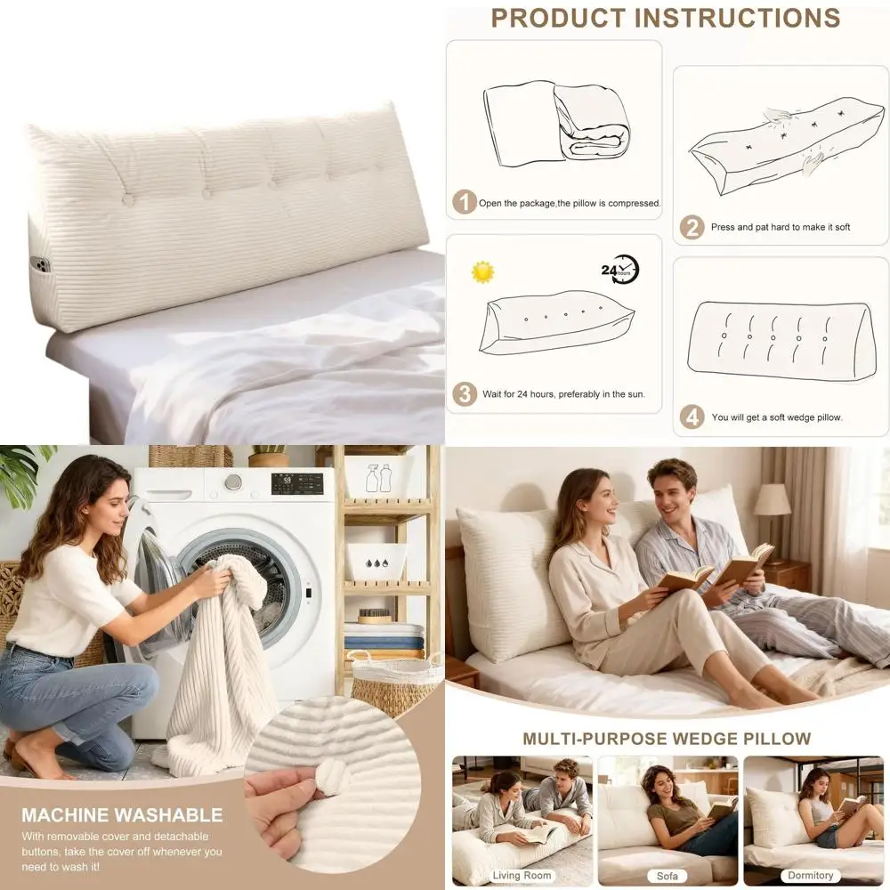 

Queen Size Triangular Wedge Pillow for Headboards, Removable Velvet Cover, Ideal for Daybeds and Bunk Beds