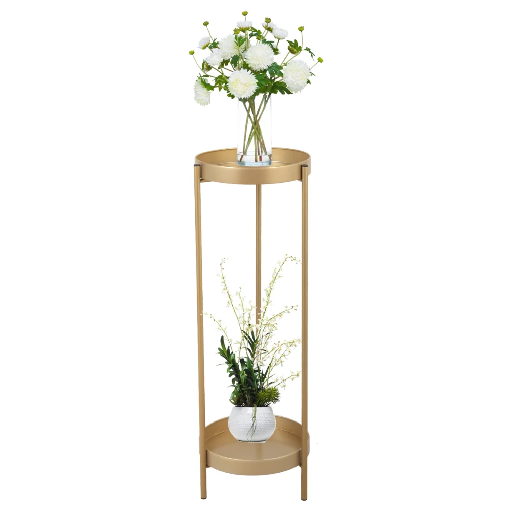 

Modern Folding Metal 2-Tier Plant Stand Potted Plant Holder Shelf with 2 Round Trays Indoor Versatile Golden Wedding Decoration