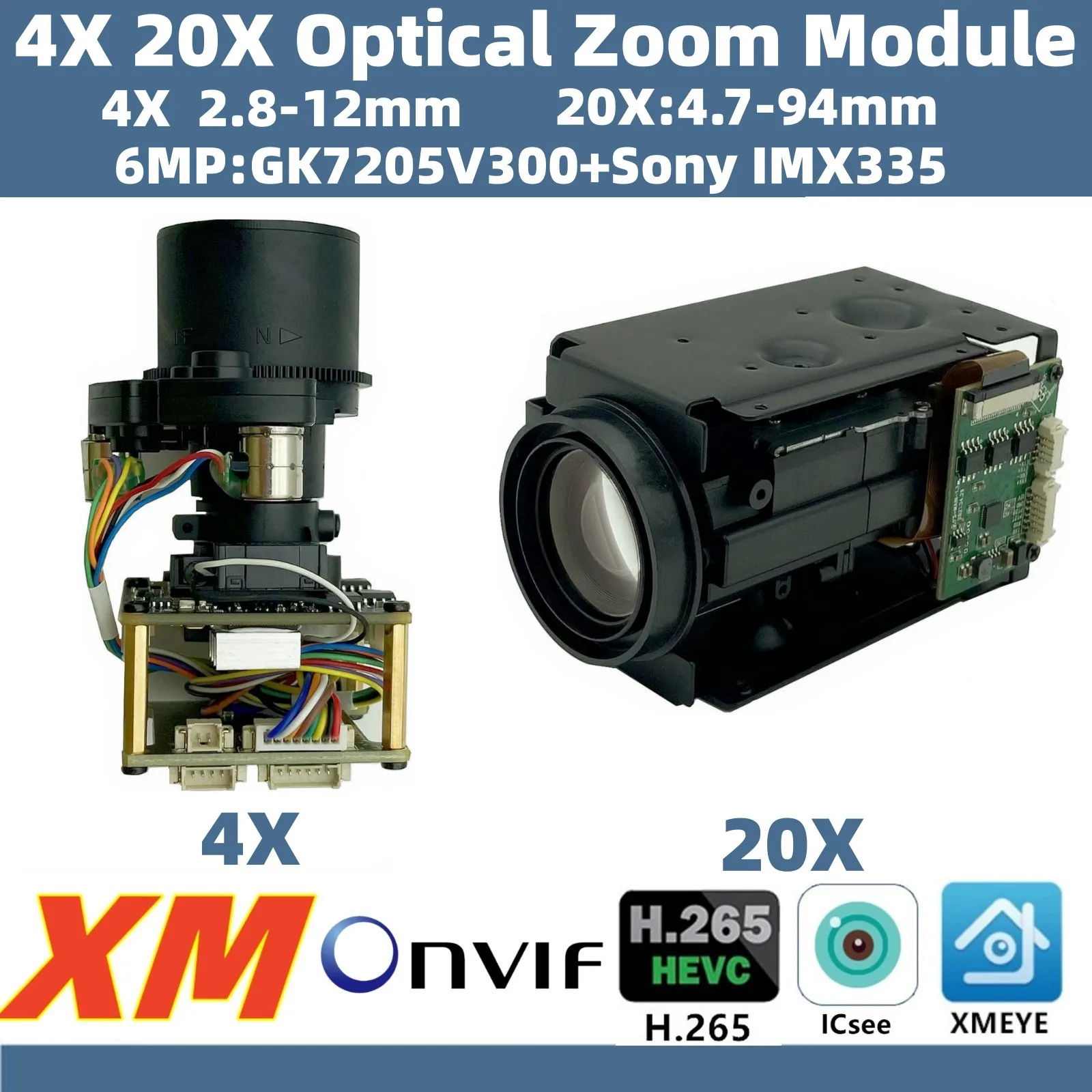 XM 4X 20X 2.8-12mm 4.7-94mm Optical Zoom 6MP GK7205V300+IMX335 IP Camera Module Board 3072*2048 H.265 ONVIF XMEYE ICsee P2P