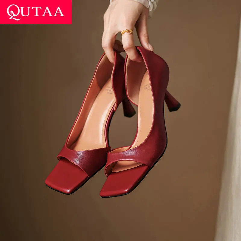 

QUTAA 2025 Fashion Women Sandals Shoes Summer High Heels Sexy Cow leather Square Open toe Party Pumps Shoes Dress 34-40