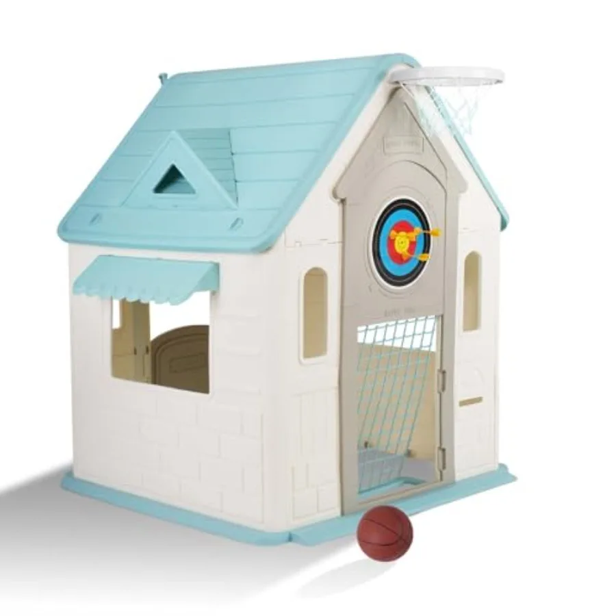 5-in-1 Outdoor Playhouse for:Basketball Hoop, Soccer Goal Dartboard; Indoor/Backyard Playset; Cottage-Style Playhouse for Ages