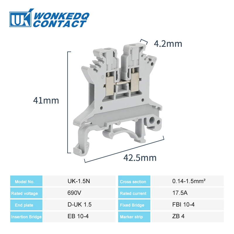 10Pcs UK1.5N UK 1.5 Screw Feed-through Universal Plug 2-Connductor Wire Electrical Connector DIN Rail Terminal Block UK 1.5mm²