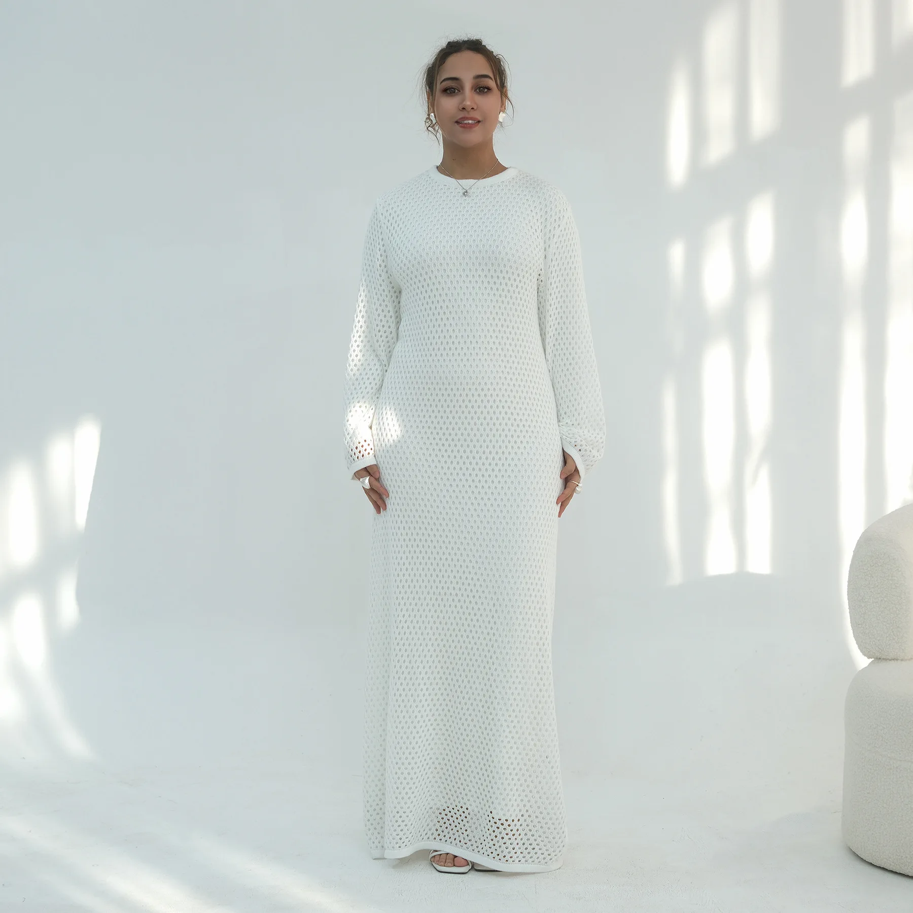 2026 Ramadan Gebreide Hollow Out Abaya Dubai Kaftan Vrouwen Moslim Jurk Eid Islam Kleding Turkije Caftan Femme Musulmane Arabische Gewaad