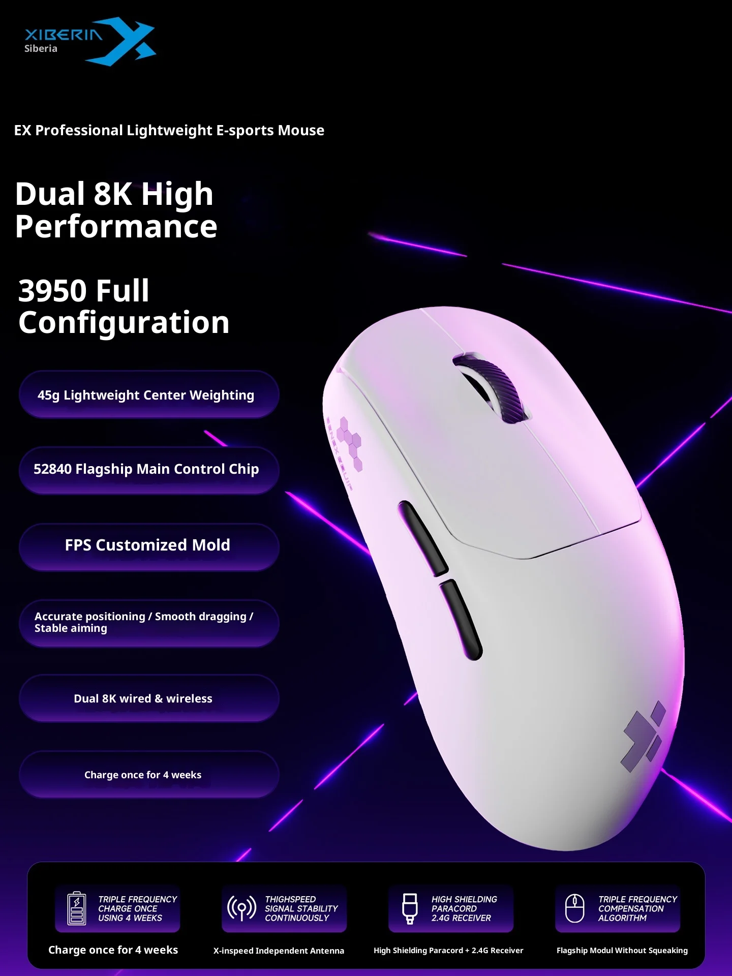 XIBERI EX Dual 8K FPS E-sports Mouse 2.4G ماوس ألعاب مزدوج الوضع PAW3950 0.125ms 45g ماوس خفيف الوزن لهدايا ألعاب الكمبيوتر #4