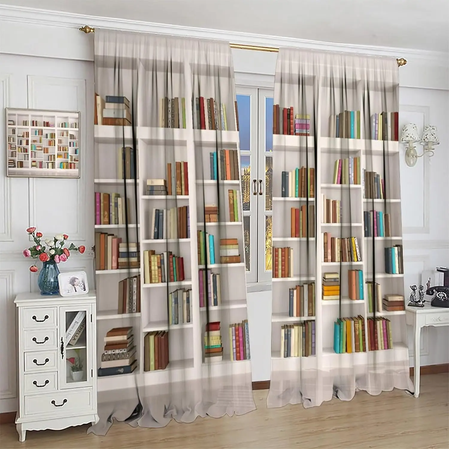 Bookshelf Curtains Modern Library Wooden White Bookcase Retro Books 3D Illustrations Window Treatments Bedroom Study Classroom