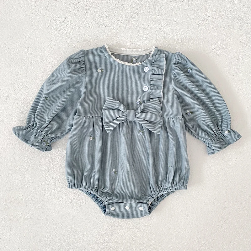 Baby-Strampler aus Cord mit langen Ärmeln, Blumenstickerei, großer Schleife und Rüschenbesatz, Neugeborenen-Bodysuit, Herbst-Babykleidung, 0-24 Monate – Detail 2