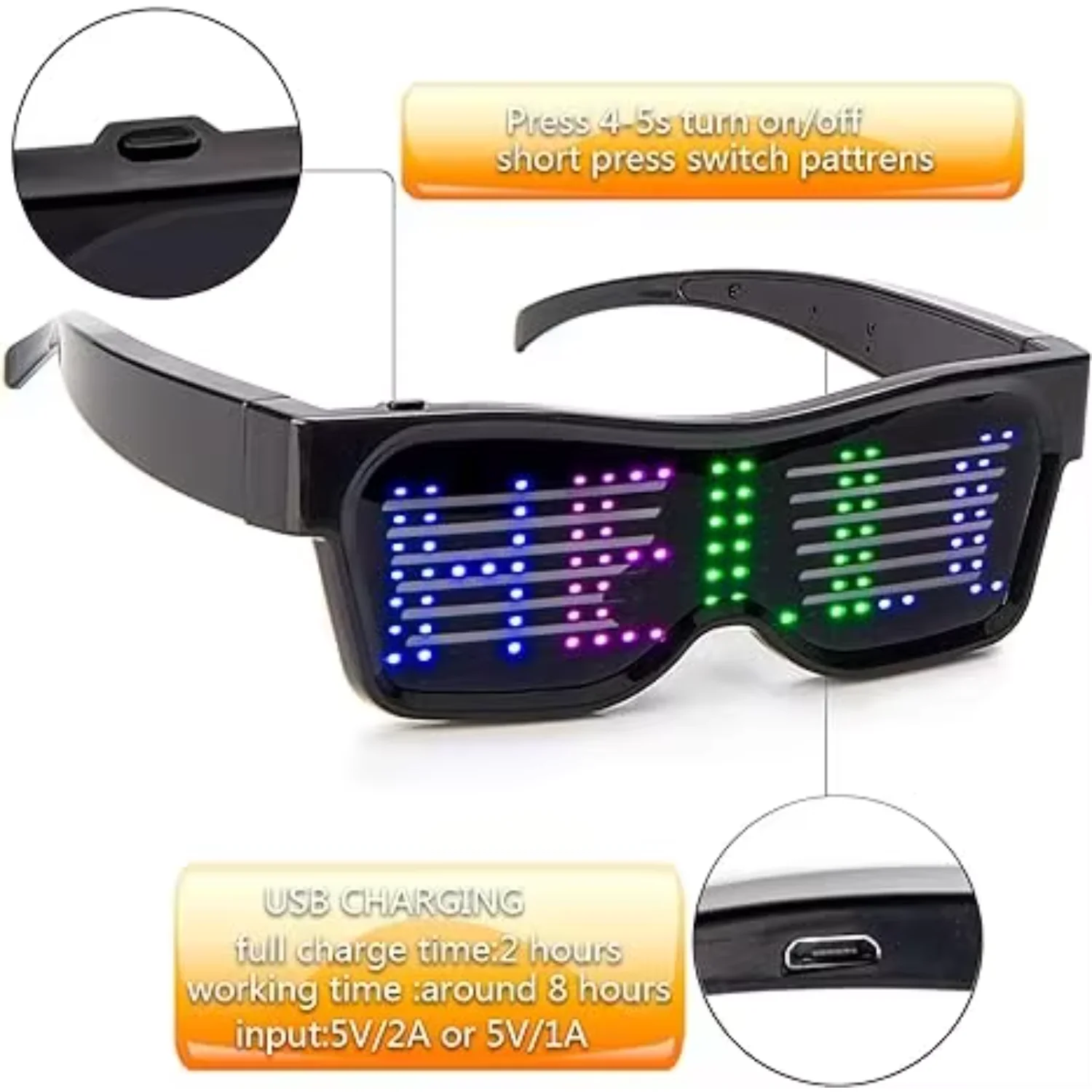 Customizable Blue tooth LED Glasses for Raves, Festivals, Fun, Parties, Sports, Costumes,  - Display Messages, Animation