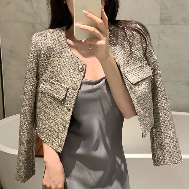 

Spring Autumn Women Bright Thread Woven Tweed Jacket Chic Glitter Silver Weave Blazers Coat Cardigan Short O-Neck Crop Tops 2025