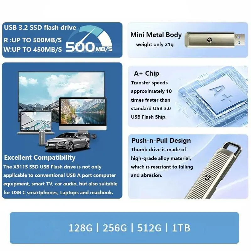 HP خارجي Ssd 1 تيرا بايت الحالة الصلبة USB 3.2 قرص فلاش 512 جيجابايت 256 جيجابايت محرك القلم صغير بندريف ذاكرة عصا جهاز محمول U القرص