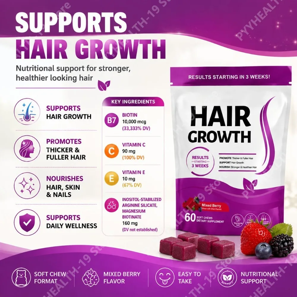 Hair Growth Soft Chews with Biotin, Vitamin C, E & Arginine for Thicker, Fuller Hair & Nails Support, Adults, 60 Soft Chews