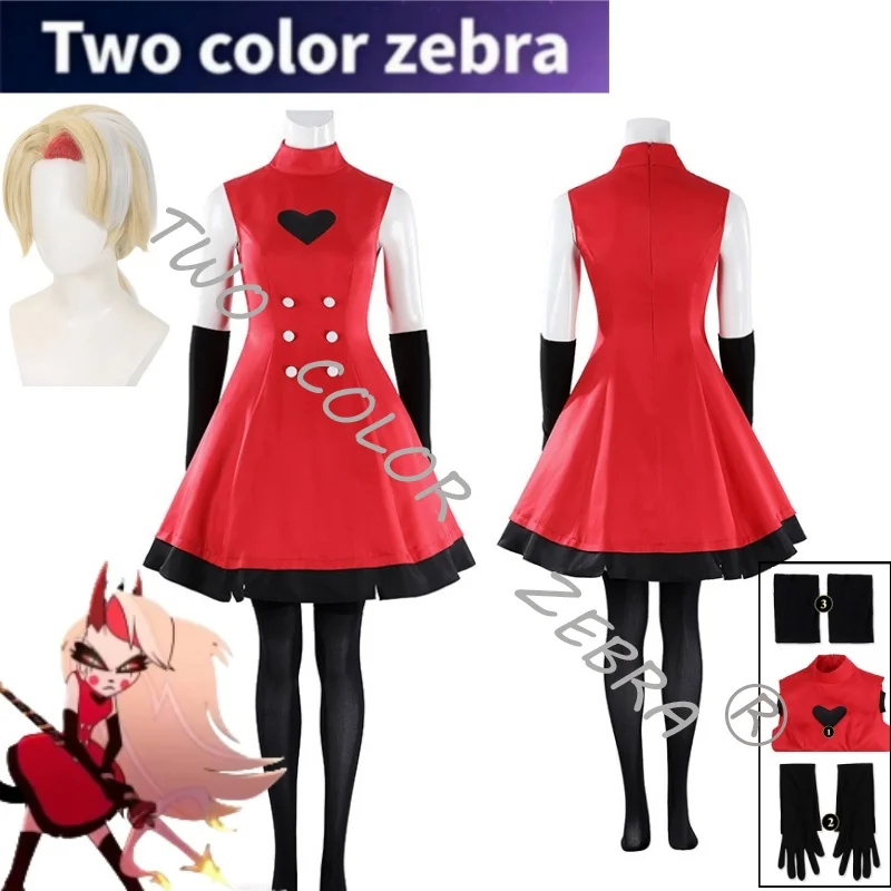 

Anime Hazbin Hotel Charlie Cosplay Costume Red Dress Wig Sexy Unifrom Gloves Socks Full Set Halloween Comic Con Party Rokeplay