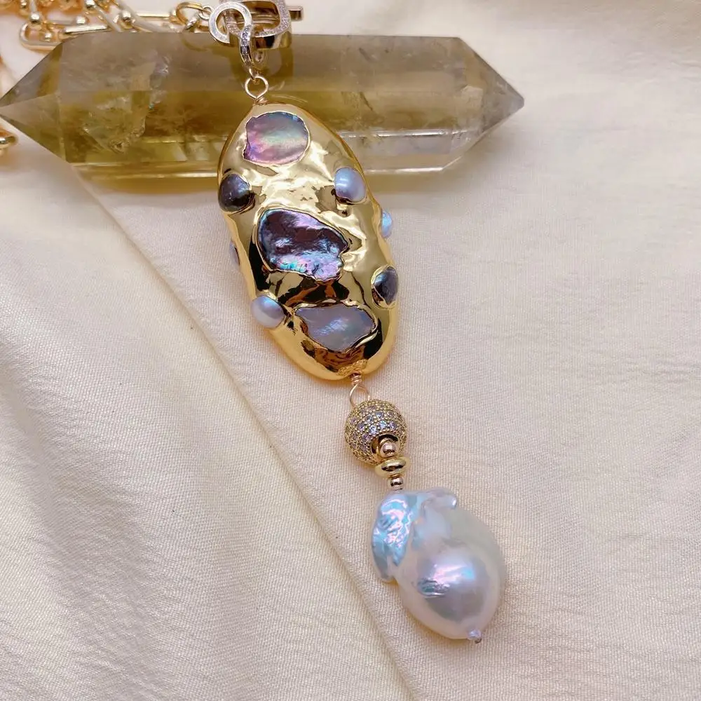 Kkgem 17x23mm White Baroque Pearl   Freshwater Multi Color Pearl Pendant 26x50mm Gold Plated Chain Necklaces view 5