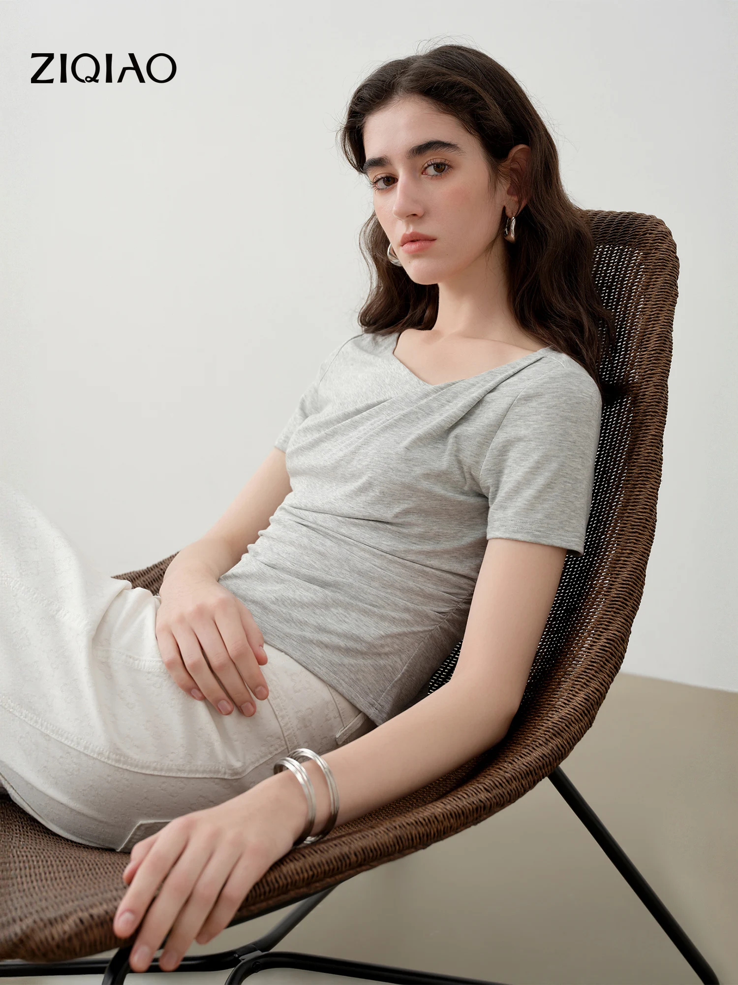 

ZIQIAO Cool-Feel Fabric Short Sleeve T-Shirt for Women with Asymmetrical neckline and Side Waist Pleats Summer 2026 New Arrival