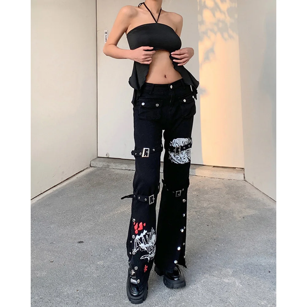 Women\'s dark street style fashionable metal buckle contrasting print high waisted workwear jeans Wide leg pants with split ends