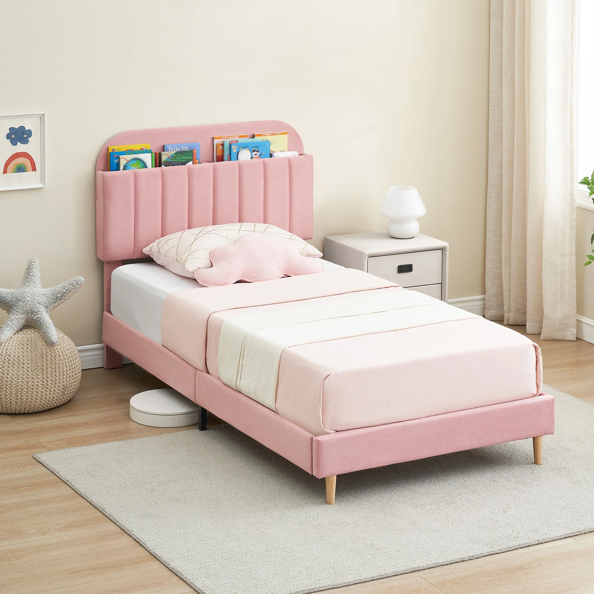 GarveeLife Kids Twin Velvet Upholstered Platform Bed Frame with Storage Bookcase Headboard - Noise-Free - Heavy-Duty Steel Legs & Strong Wood Slats - No Box Spring Needed - Easy Assembly - Ivory White/Light Blue/Velvet Pink