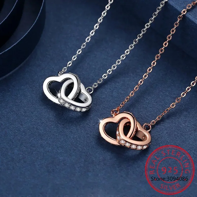 Fashion 925 Sterling Silver Necklace Pendant Rose Gold Double Heart Crystal Pendant For Women Korean Jewelry With Chain Gift