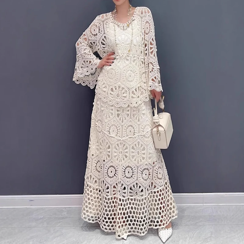 

Fashion Solid Casual Skirt Two Piece Set Spring Women Hook Flower Hollow Top+High Waist Loose Knee Length Skirt Autumn Outfit