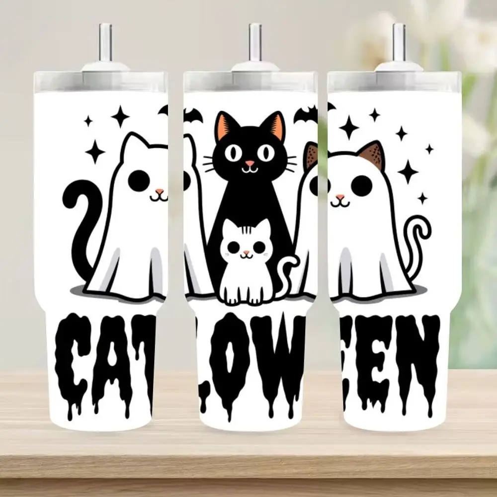 1 قطعة 40 أوقية كاتلوين هالوين القطط معزول القدح ، القط الأسود والقطط الشبحية تصميم السفر القدح ، كوب القهوة المعزول على الحائط المزدوج ، C