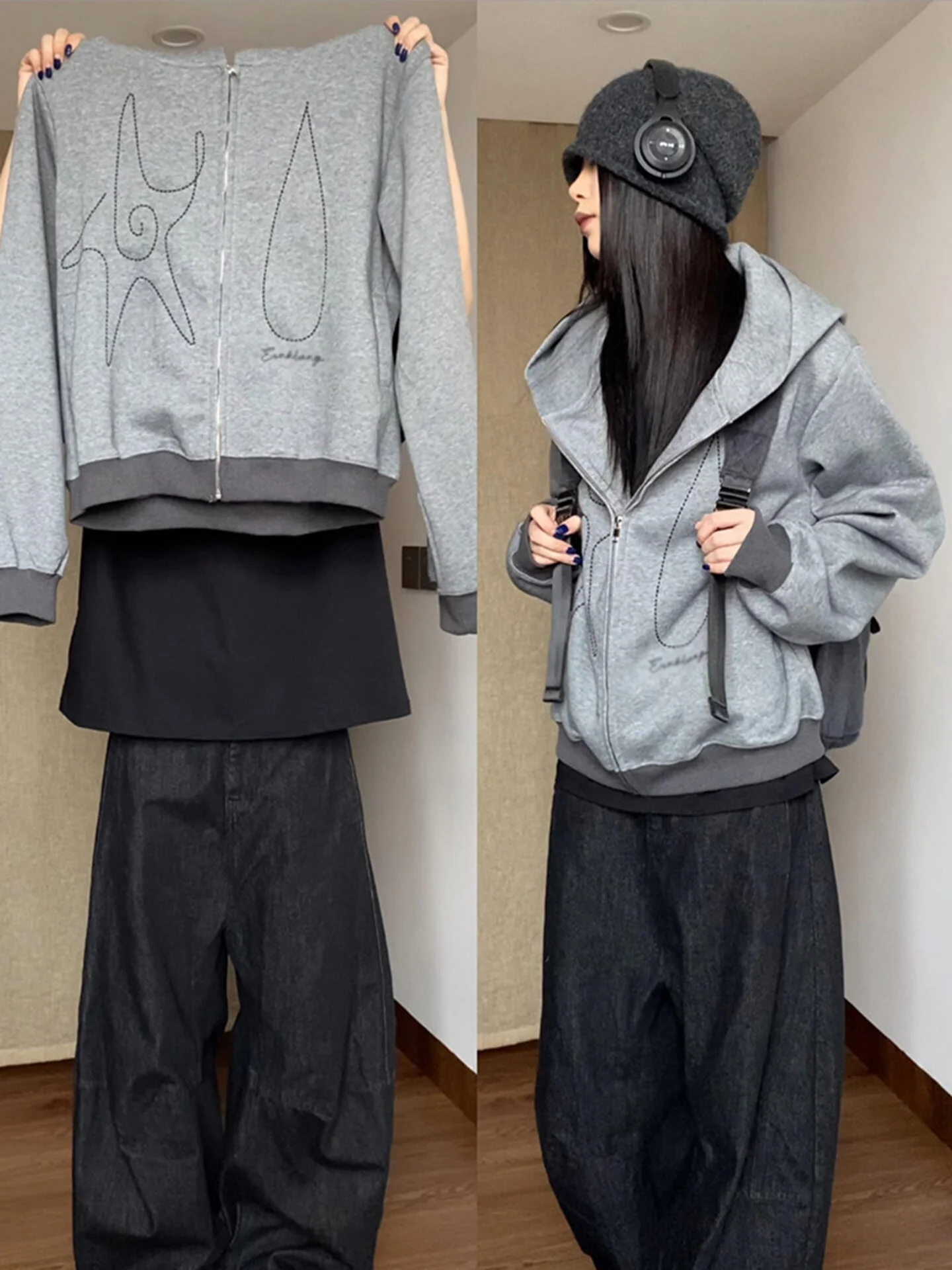 Retro American Hooded Zipper Cardigan Women's Spring Autumn Loose Casual College Sle Sweatirt Long Sve T-irt