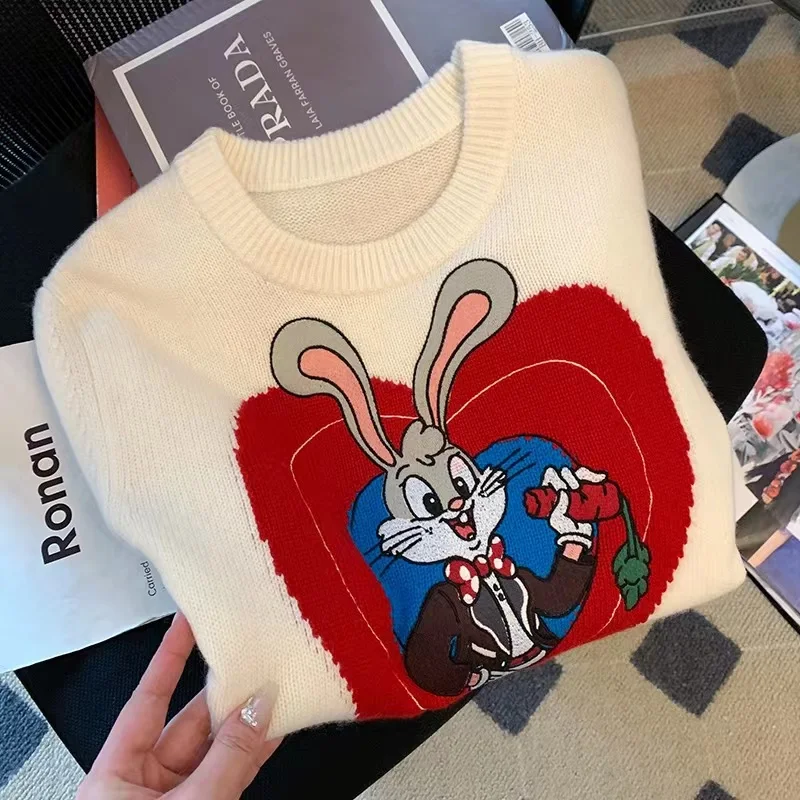 White Rabbit Love Letter Knit T-shirt Women\'s Short Sleeve Sweater Summer 2024 New Casual Loose Knitwear Crop Top Y2k T Shirts