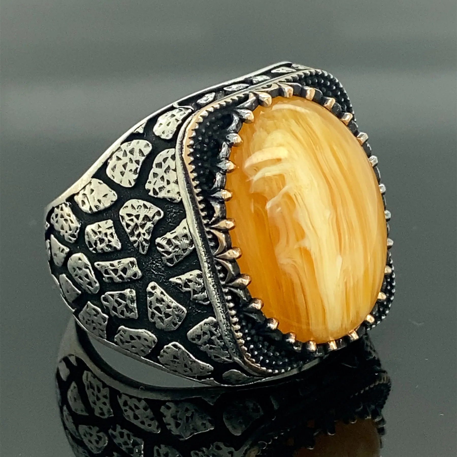 

Men Honey Amber Stone Ring , Handmade Silver Ring , Natural Stone Ring , Ottoman Style Ring , 925k Sterling Silver Ring