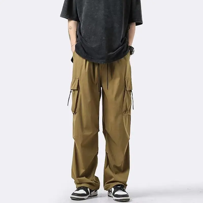 Prowow American workwear casual pants men's spring autumn pocket drawstring sports pants wide leg pants