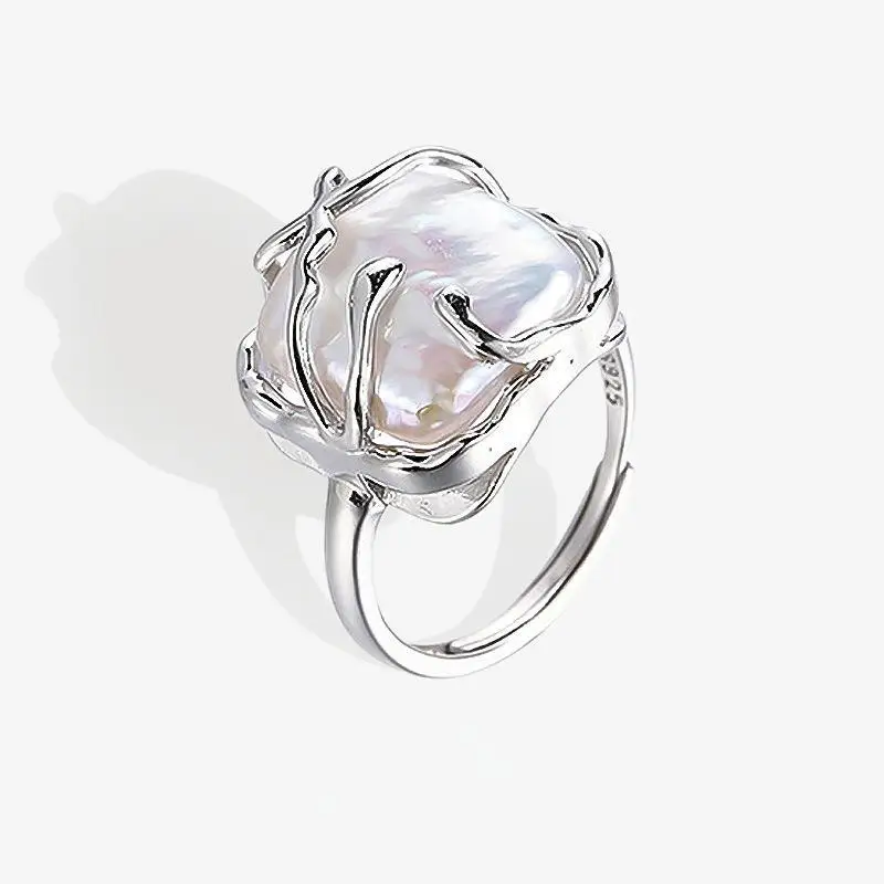 

S925 Sterling Silver Natural Baroque Pearl Square Opening Ring Women's Luxury Jewelry