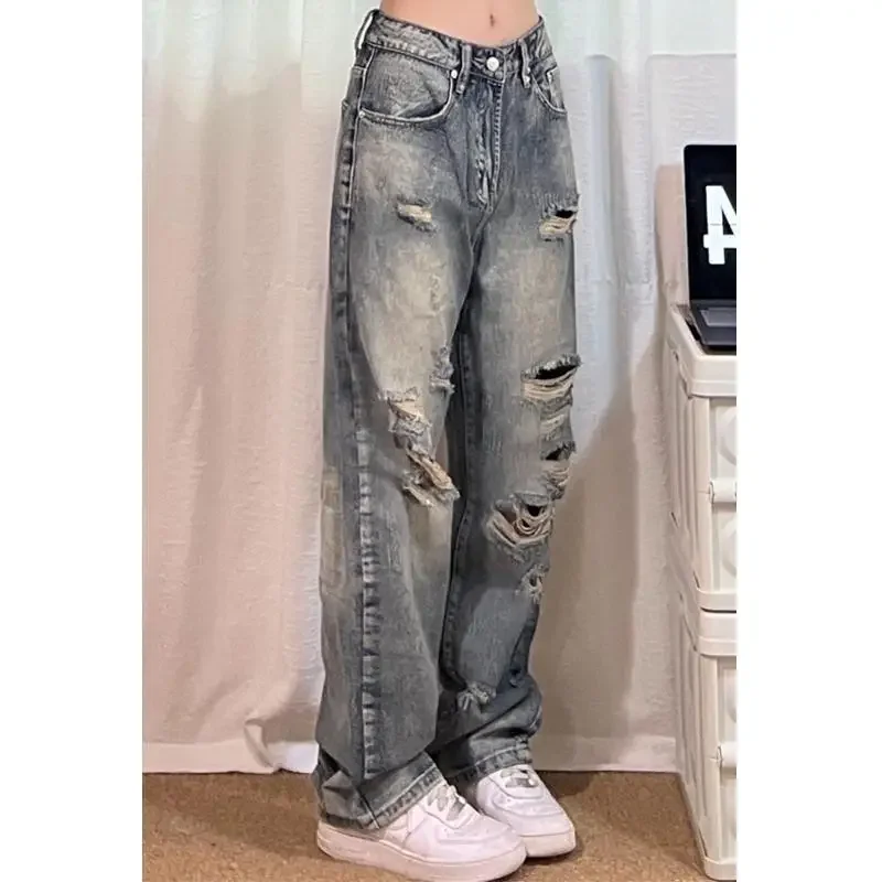 

2024 New European-style Retro Old Large Size Denim Pants Autumn Ins Fashion Brand High Street Hip Hop Beggar Ripped Casual Pants