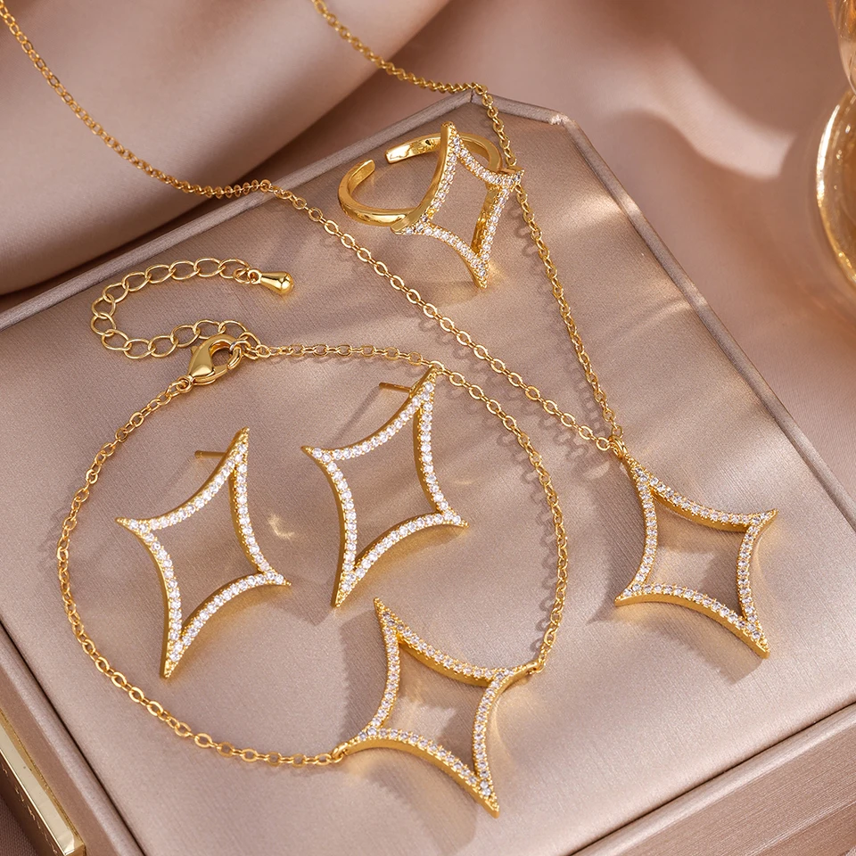 ZAKOL 4Pcs/1Pcs Creative Four Pointed Star Shiny Zircon Earr