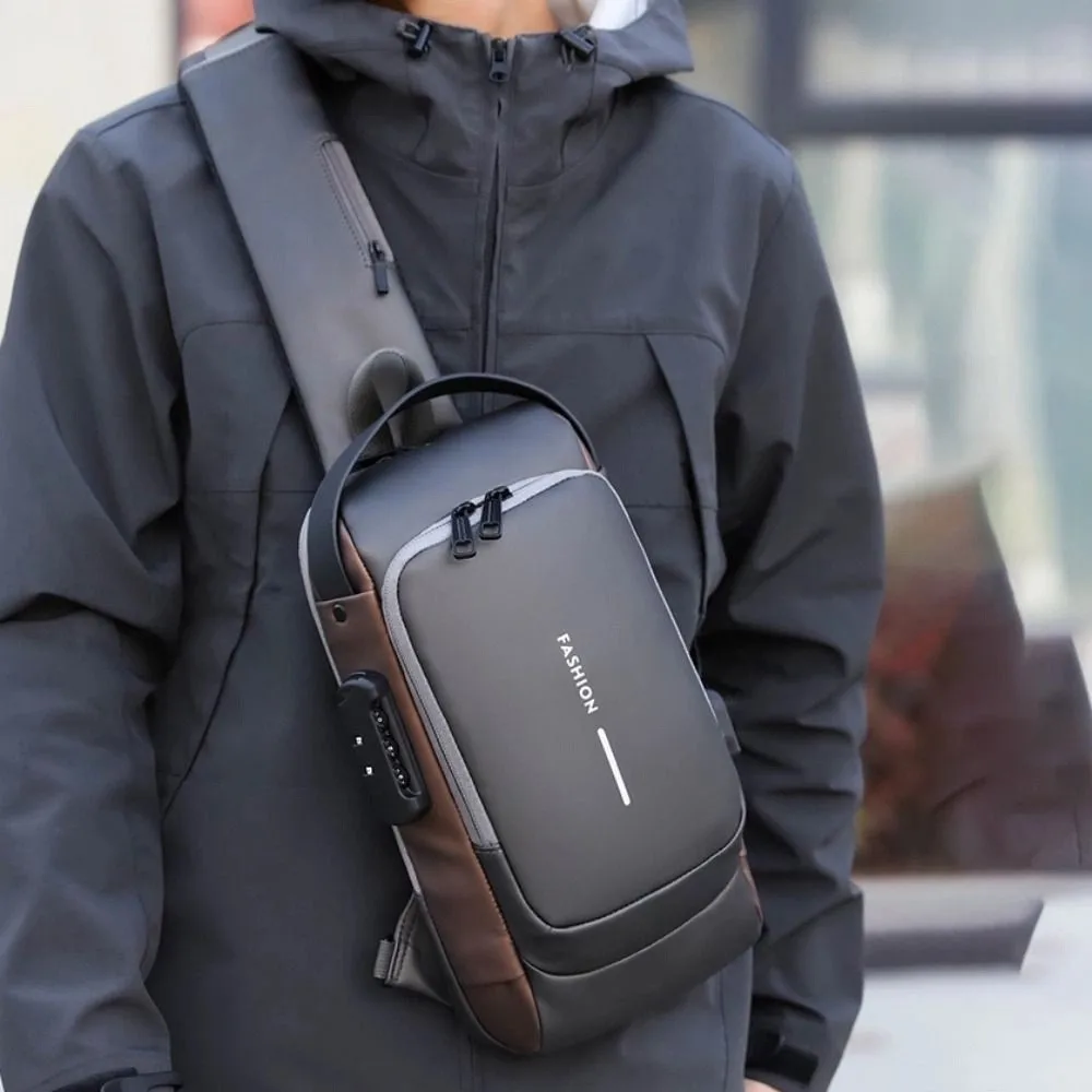 مكافحة سرقة الرجال حقيبة صدر للرجال قفل بكلمة مرور سعة كبيرة الذكور حقيبة كتف متعددة الوظائف USB شحن ميناء متعدد جيب