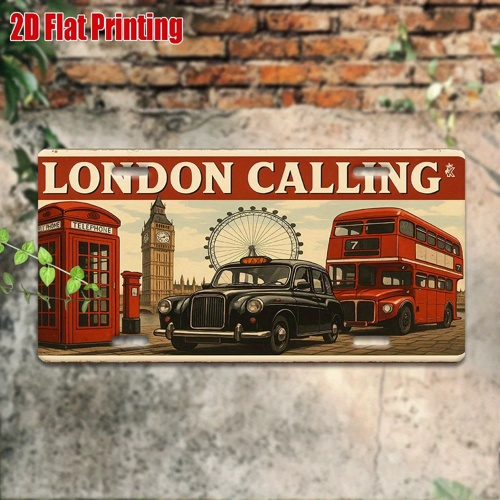London Calling Metal License Plate -  Retro Aluminum Wall Art, London Landmark Design with Red Double-Decker Bus & Big Ben Clock