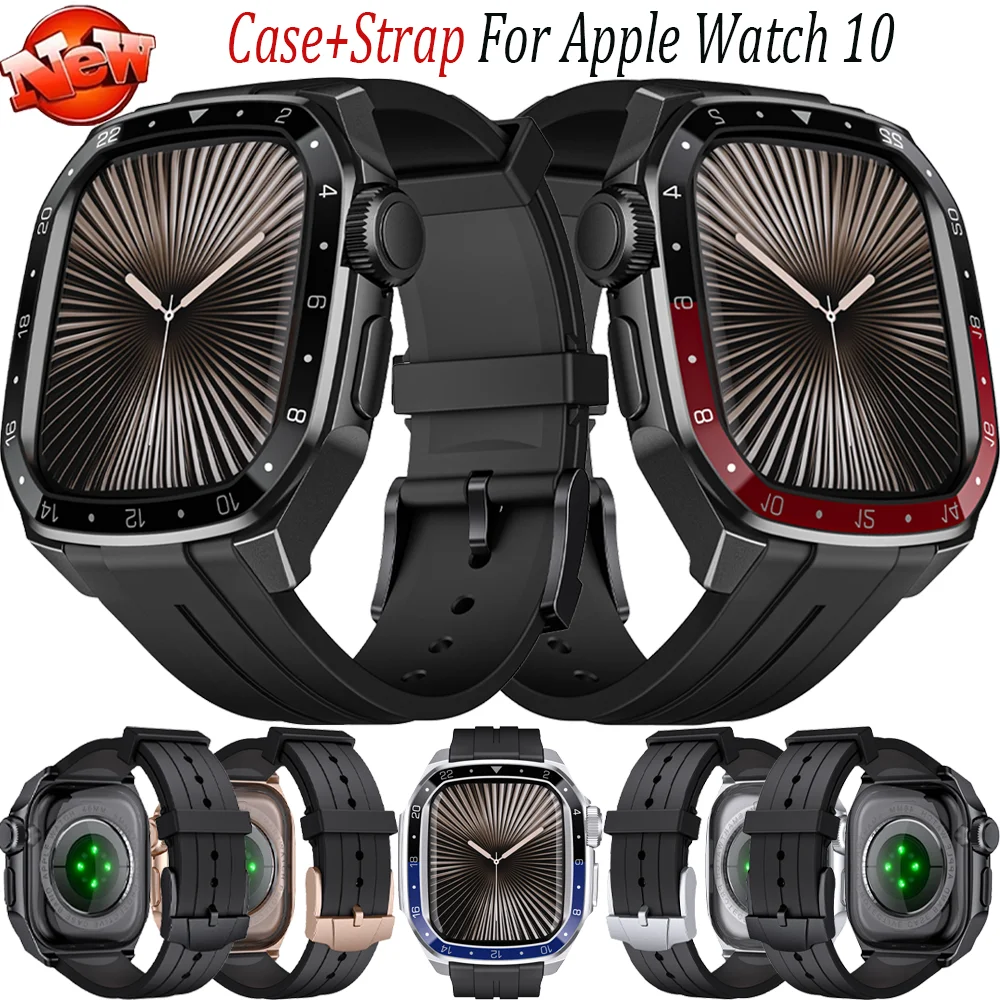 

Металлический корпус + силиконовый интегрированный ремешок для Apple Watch 11, 10, 46 мм, роскошный прочный защитный чехол, браслет iWatch 9, 8, 7, 45 мм, корпус