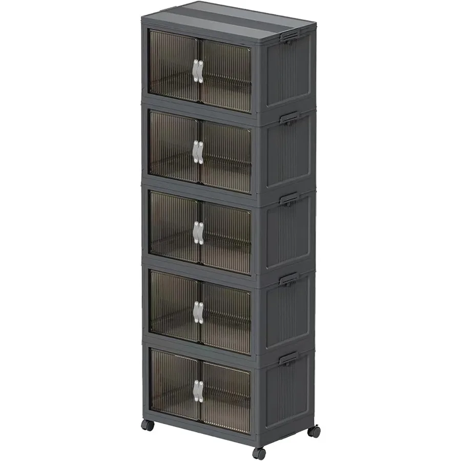 Collapsible Storage Bins with Lids and Front Doors, Heavy-Duty Stackable Plastic Organizers, Folding Utility Storage Boxes for