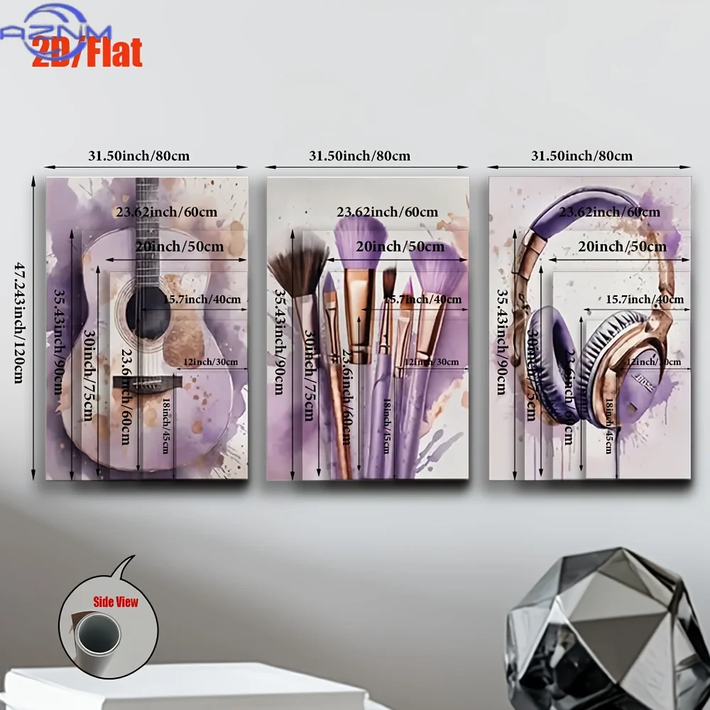 3pcs Frameless Canvas Art Set - Abstract Makeup Brushes & Headphones Design, Ideal for Living Room, Office, Bedroom, School, Ca